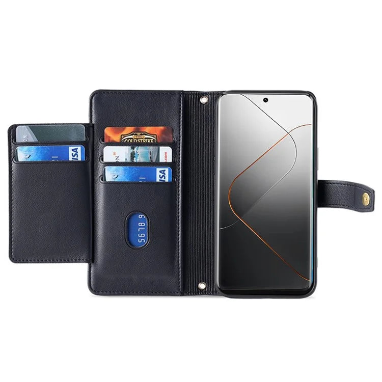 For Xiaomi 14 Case Card Slots Zipper Wallet Leather Cover with 2 Straps