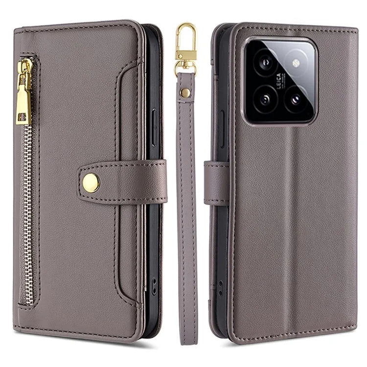 For Xiaomi 14 Case Card Slots Zipper Wallet Leather Cover with 2 Straps