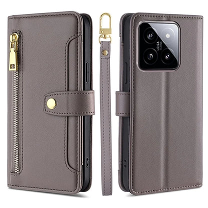 For Xiaomi 14 Case Card Slots Zipper Wallet Leather Cover with 2 Straps