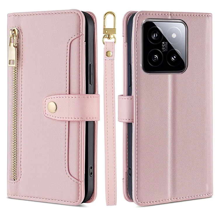 For Xiaomi 14 Case Card Slots Zipper Wallet Leather Cover with 2 Straps