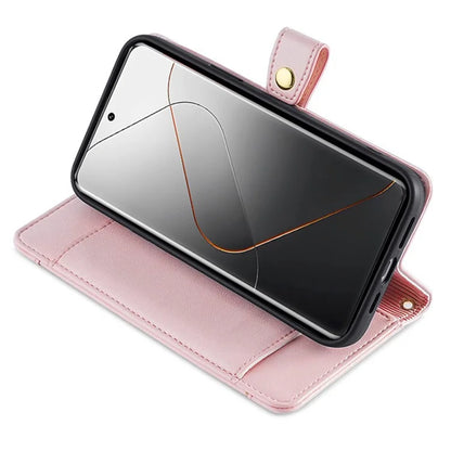 For Xiaomi 14 Case Card Slots Zipper Wallet Leather Cover with 2 Straps