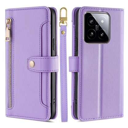 For Xiaomi 14 Case Card Slots Zipper Wallet Leather Cover with 2 Straps
