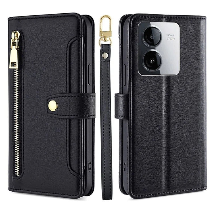 For vivo iQOO Z8x 5G / Y78t 5G Case Zipper Pocket Leather Phone Cover with 2 Straps