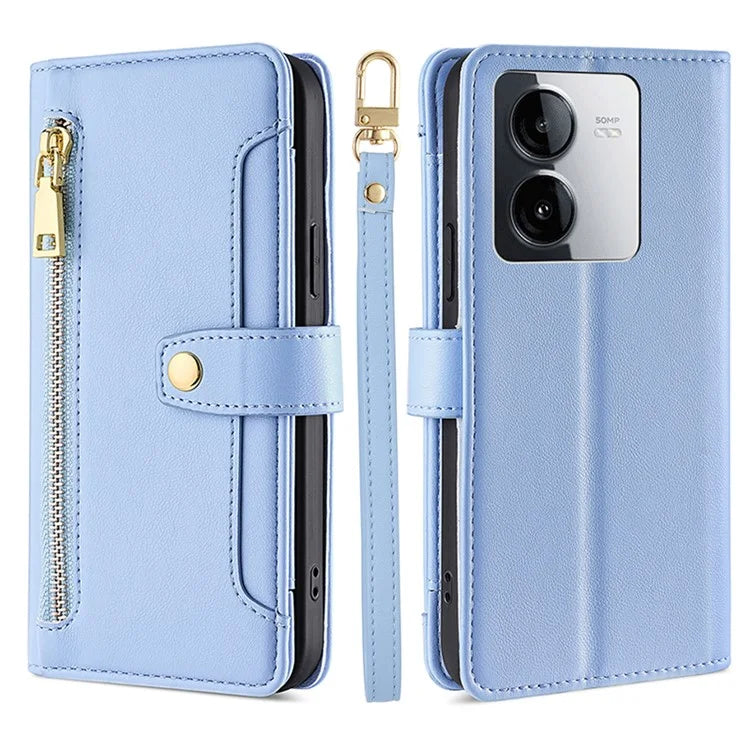 For vivo iQOO Z8x 5G / Y78t 5G Case Zipper Pocket Leather Phone Cover with 2 Straps