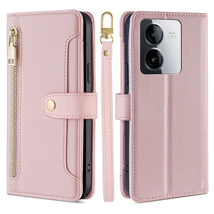 For vivo iQOO Z8x 5G / Y78t 5G Case Zipper Pocket Leather Phone Cover with 2 Straps
