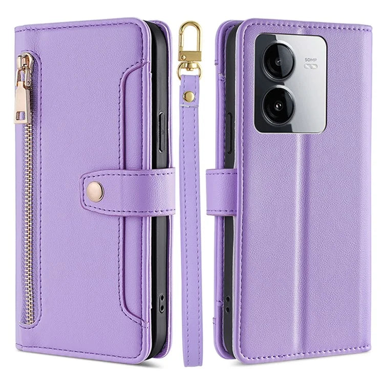 For vivo iQOO Z8x 5G / Y78t 5G Case Zipper Pocket Leather Phone Cover with 2 Straps