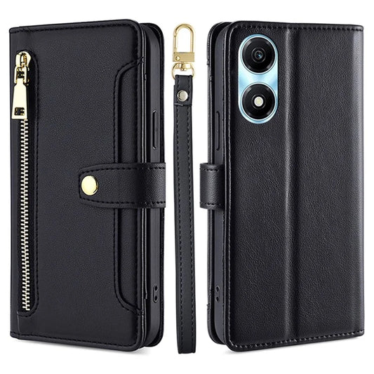 For Honor X5 Plus / Play 40C 5G Case Zipper Leather Phone Cover with 2 Straps and Card Slots