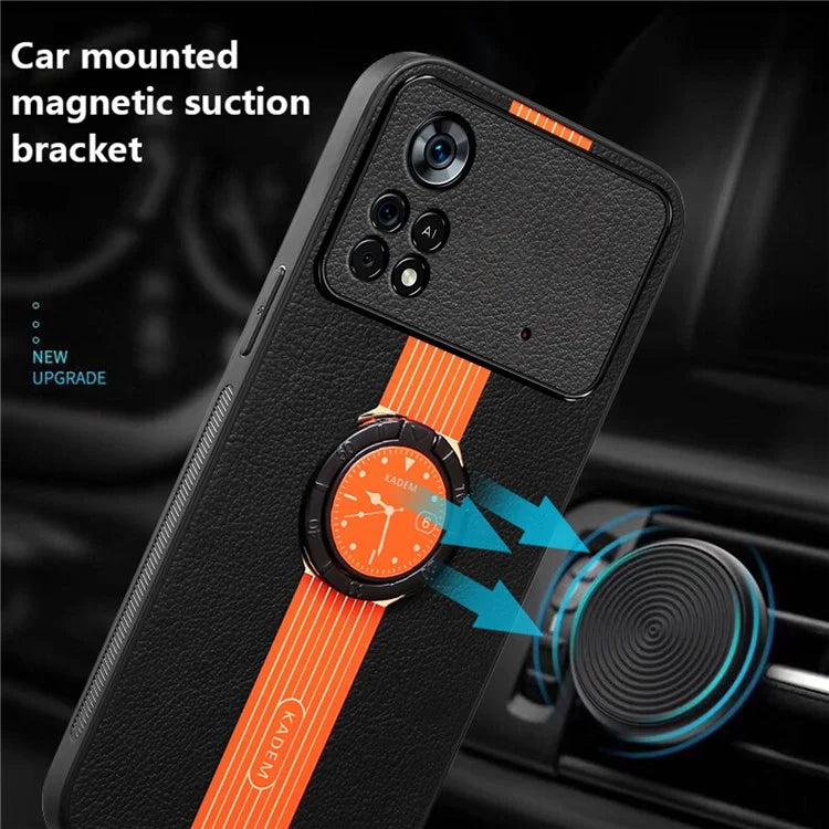 KADEM For Xiaomi Poco M4 Pro 4G Case Ring Kickstand PU Leather+TPU+Acrylic Phone Cover