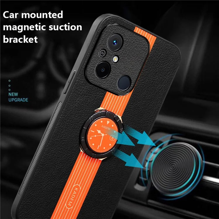 KADEM Phone Case for Xiaomi Redmi 12C 4G Ring Holder Kickstand Slim-Fit PU Leather+Acrylic+TPU Phone Cover
