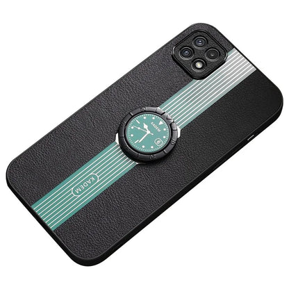 KADEM For Samsung Galaxy A22 5G (EU Version) Electroplating Case PU+TPU+Acrylic Ring Kickstand Phone Shell
