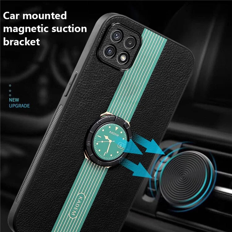 KADEM For Samsung Galaxy A22 5G (EU Version) Electroplating Case PU+TPU+Acrylic Ring Kickstand Phone Shell