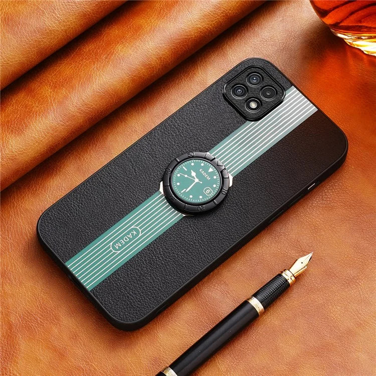 KADEM For Samsung Galaxy A22 5G (EU Version) Electroplating Case PU+TPU+Acrylic Ring Kickstand Phone Shell