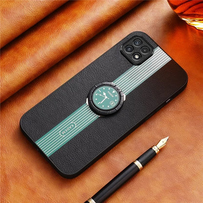 KADEM For Samsung Galaxy A22 5G (EU Version) Electroplating Case PU+TPU+Acrylic Ring Kickstand Phone Shell