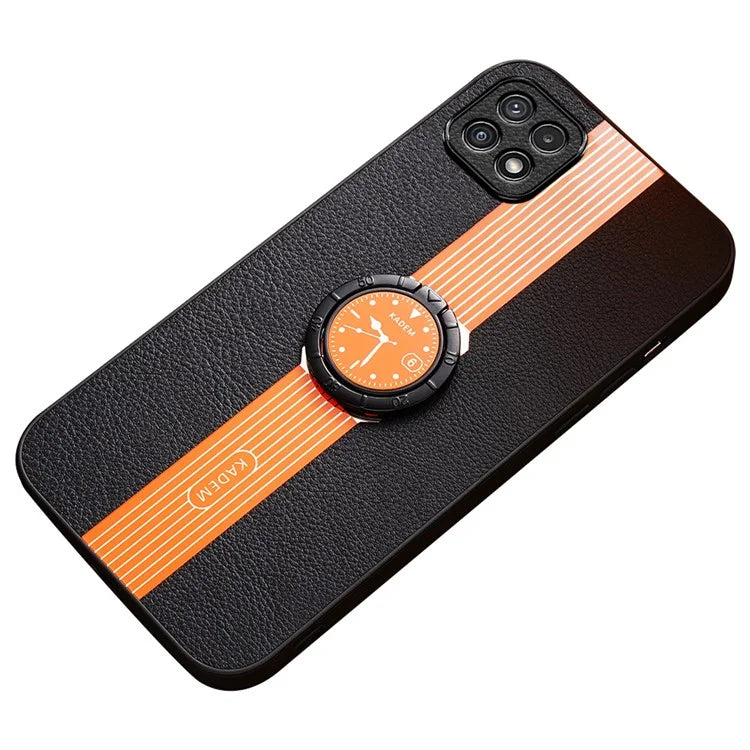 KADEM For Samsung Galaxy A22 5G (EU Version) Electroplating Case PU+TPU+Acrylic Ring Kickstand Phone Shell