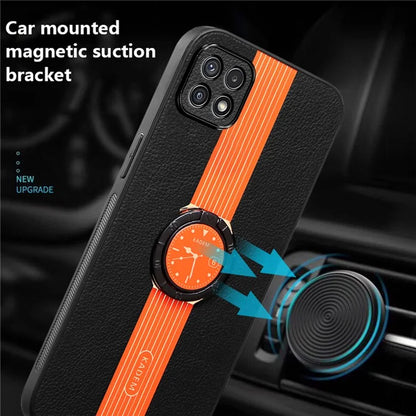 KADEM For Samsung Galaxy A22 5G (EU Version) Electroplating Case PU+TPU+Acrylic Ring Kickstand Phone Shell