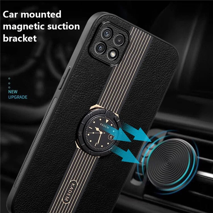 KADEM For Samsung Galaxy A22 5G (EU Version) Electroplating Case PU+TPU+Acrylic Ring Kickstand Phone Shell