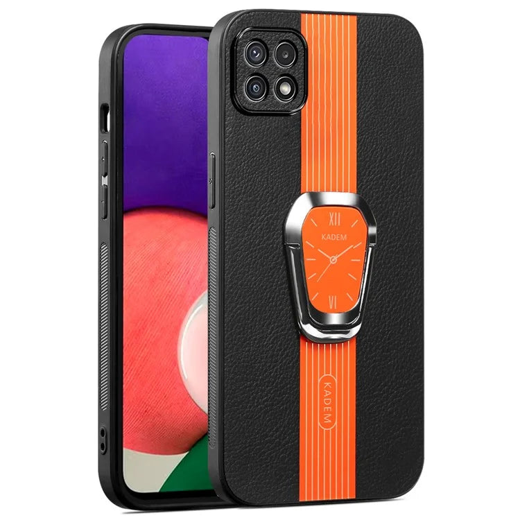 KADEM For Samsung Galaxy A22 5G (EU Version) Slim Case Electroplating PU+TPU+Acrylic Phone Shell with Folding Kickstand