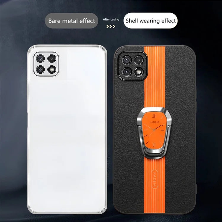 KADEM For Samsung Galaxy A22 5G (EU Version) Slim Case Electroplating PU+TPU+Acrylic Phone Shell with Folding Kickstand