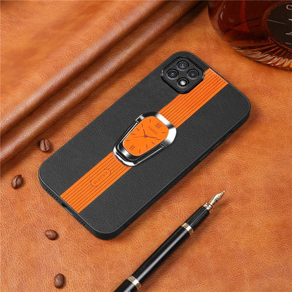 KADEM For Samsung Galaxy A22 5G (EU Version) Slim Case Electroplating PU+TPU+Acrylic Phone Shell with Folding Kickstand