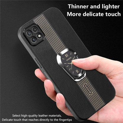 KADEM For Samsung Galaxy A22 5G (EU Version) Slim Case Electroplating PU+TPU+Acrylic Phone Shell with Folding Kickstand