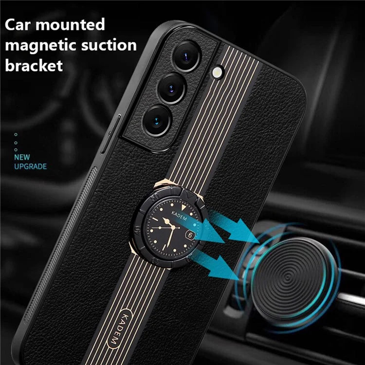 KADEM For Samsung Galaxy S21 4G / S21 5G Case Acrylic+TPU+PU Leather Ring Kickstand Phone Cover