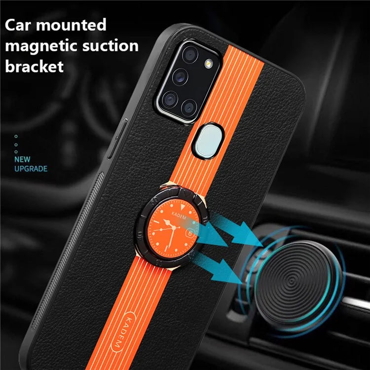 KADEM For Samsung Galaxy A21s Case PU Leather+TPU+Acrylic Protective Cover with Ring Kickstand