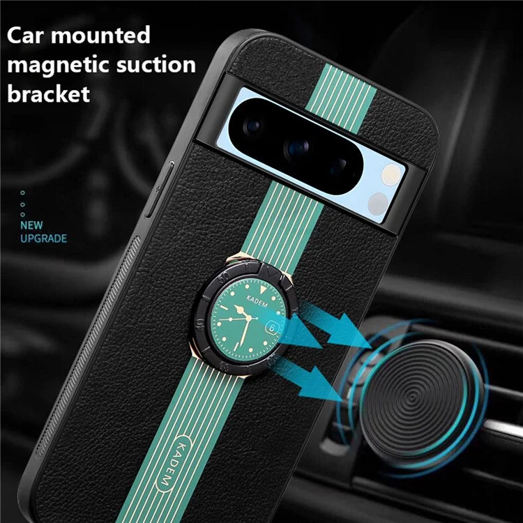 KADEM For Google Pixel 8 Pro Case Drop Resistant Ring Kickstand Leather+Acrylic+TPU Phone Cover