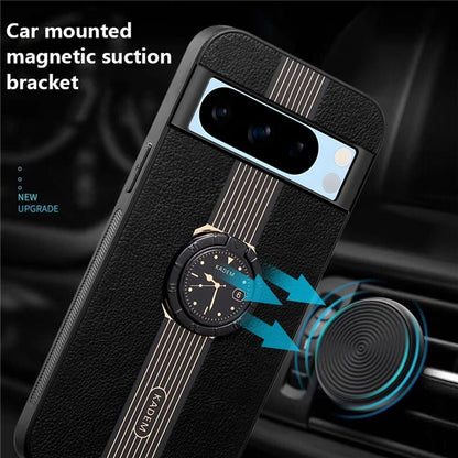KADEM For Google Pixel 8 Pro Case Drop Resistant Ring Kickstand Leather+Acrylic+TPU Phone Cover