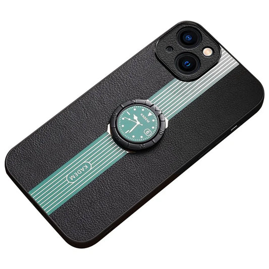 KADEM For iPhone 13 6.1 inch Case Leather+Acrylic+TPU Electroplated Ring Kickstand Back Cover