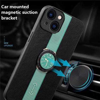 KADEM For iPhone 13 6.1 inch Case Leather+Acrylic+TPU Electroplated Ring Kickstand Back Cover