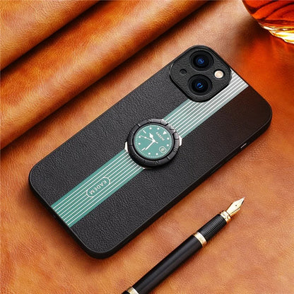 KADEM For iPhone 13 6.1 inch Case Leather+Acrylic+TPU Electroplated Ring Kickstand Back Cover