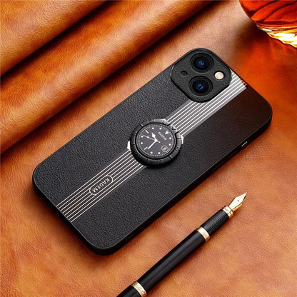 KADEM For iPhone 13 6.1 inch Case Leather+Acrylic+TPU Electroplated Ring Kickstand Back Cover