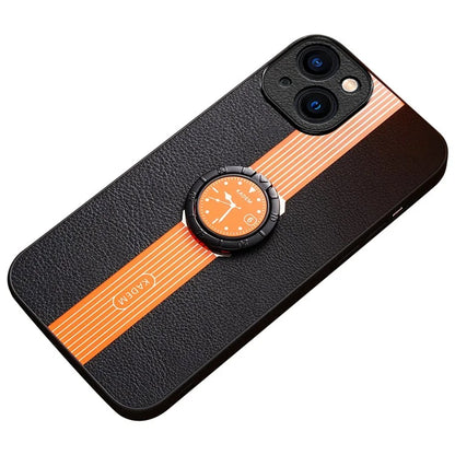 KADEM For iPhone 13 6.1 inch Case Leather+Acrylic+TPU Electroplated Ring Kickstand Back Cover