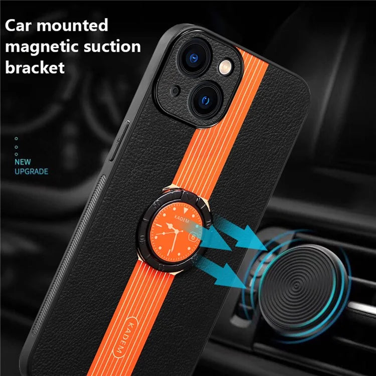 KADEM For iPhone 13 6.1 inch Case Leather+Acrylic+TPU Electroplated Ring Kickstand Back Cover