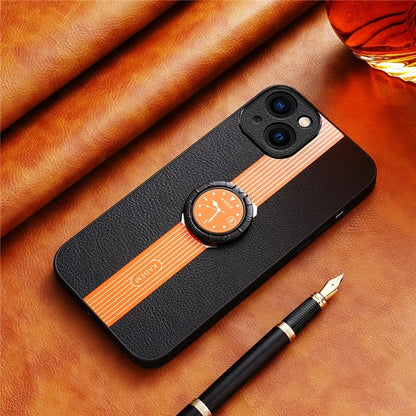 KADEM For iPhone 13 6.1 inch Case Leather+Acrylic+TPU Electroplated Ring Kickstand Back Cover