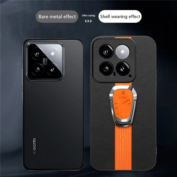 KADEM For Xiaomi 14 Cover Watch Pattern Kickstand TPU+Acrylic Phone Case with Leather Coating