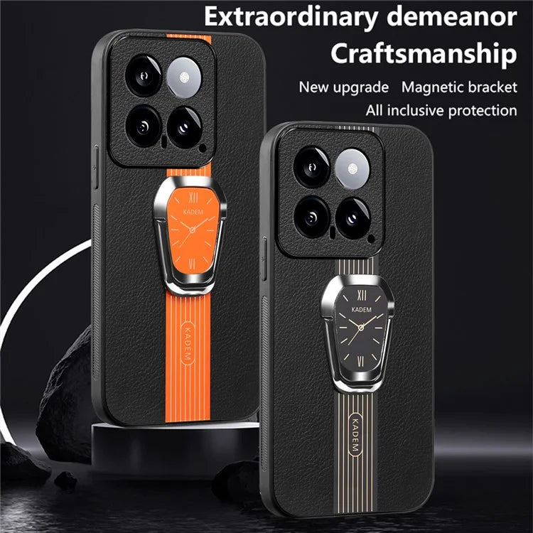 KADEM For Xiaomi 14 Cover Watch Pattern Kickstand TPU+Acrylic Phone Case with Leather Coating