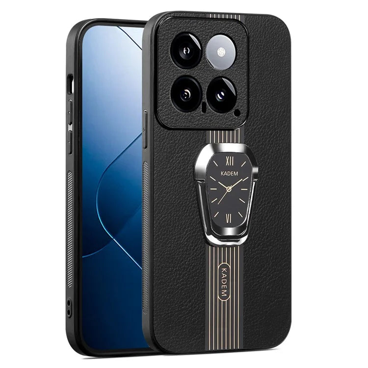 KADEM For Xiaomi 14 Cover Watch Pattern Kickstand TPU+Acrylic Phone Case with Leather Coating