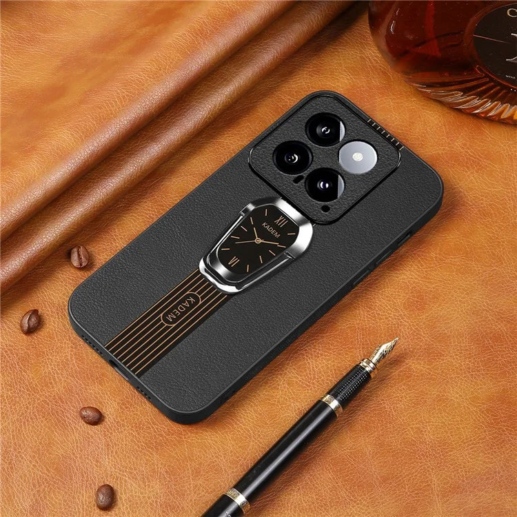 KADEM For Xiaomi 14 Cover Watch Pattern Kickstand TPU+Acrylic Phone Case with Leather Coating
