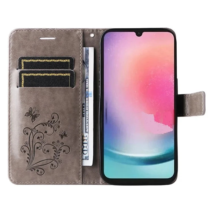 KT Imprinting Flower Series-2 For Samsung Galaxy A25 5G (Global) (161.0 x 76.5 x 8.3mm) Phone Case Butterfly Imprint TPU+PU Leather Cover