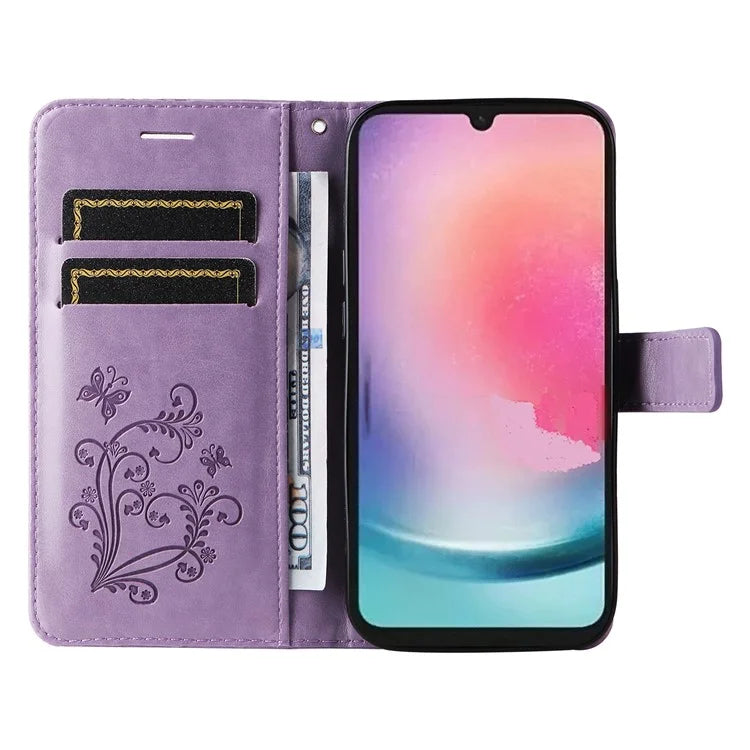 KT Imprinting Flower Series-2 For Samsung Galaxy A25 5G (Global) (161.0 x 76.5 x 8.3mm) Phone Case Butterfly Imprint TPU+PU Leather Cover