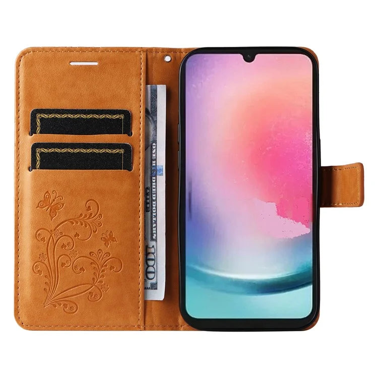KT Imprinting Flower Series-2 For Samsung Galaxy A25 5G (Global) (161.0 x 76.5 x 8.3mm) Phone Case Butterfly Imprint TPU+PU Leather Cover