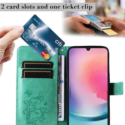KT Imprinting Flower Series-2 For Samsung Galaxy A25 5G (Global) (161.0 x 76.5 x 8.3mm) Phone Case Butterfly Imprint TPU+PU Leather Cover