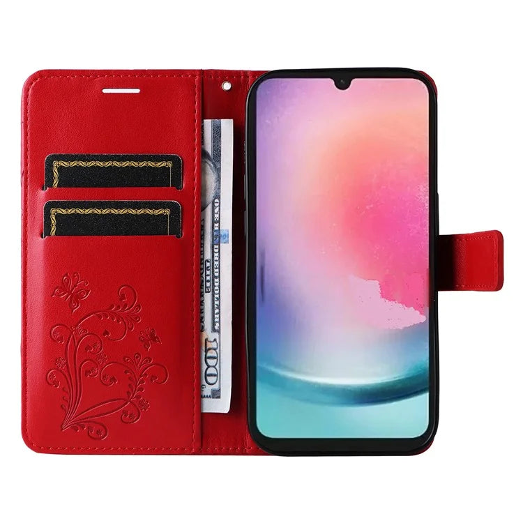 KT Imprinting Flower Series-2 For Samsung Galaxy A25 5G (Global) (161.0 x 76.5 x 8.3mm) Phone Case Butterfly Imprint TPU+PU Leather Cover