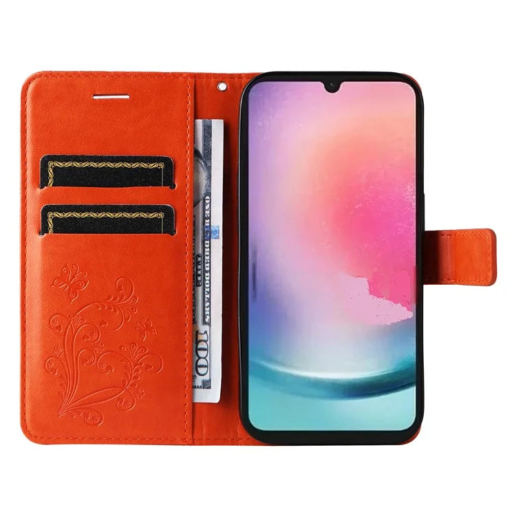 KT Imprinting Flower Series-2 For Samsung Galaxy A25 5G (Global) (161.0 x 76.5 x 8.3mm) Phone Case Butterfly Imprint TPU+PU Leather Cover