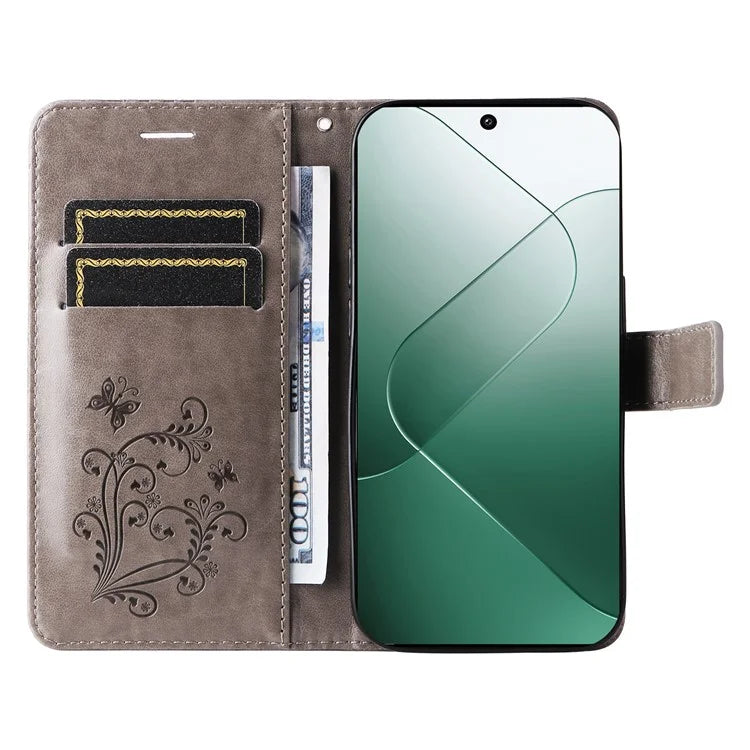 KT Imprinting Flower Series-2 For Xiaomi 14 Case Butterfly Imprint Stand Wallet Phone Cover