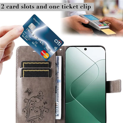 KT Imprinting Flower Series-2 For Xiaomi 14 Case Butterfly Imprint Stand Wallet Phone Cover