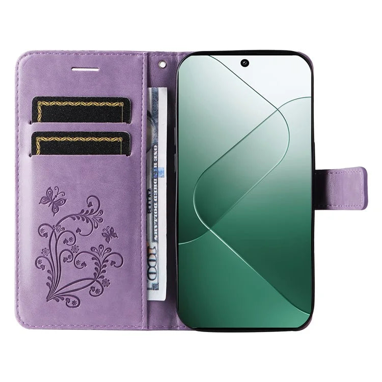 KT Imprinting Flower Series-2 For Xiaomi 14 Case Butterfly Imprint Stand Wallet Phone Cover