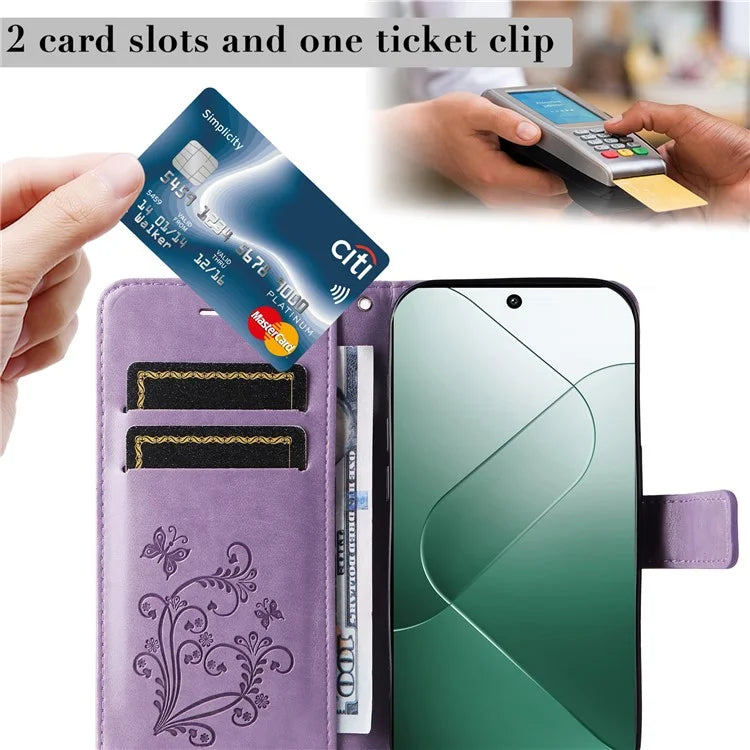 KT Imprinting Flower Series-2 For Xiaomi 14 Case Butterfly Imprint Stand Wallet Phone Cover