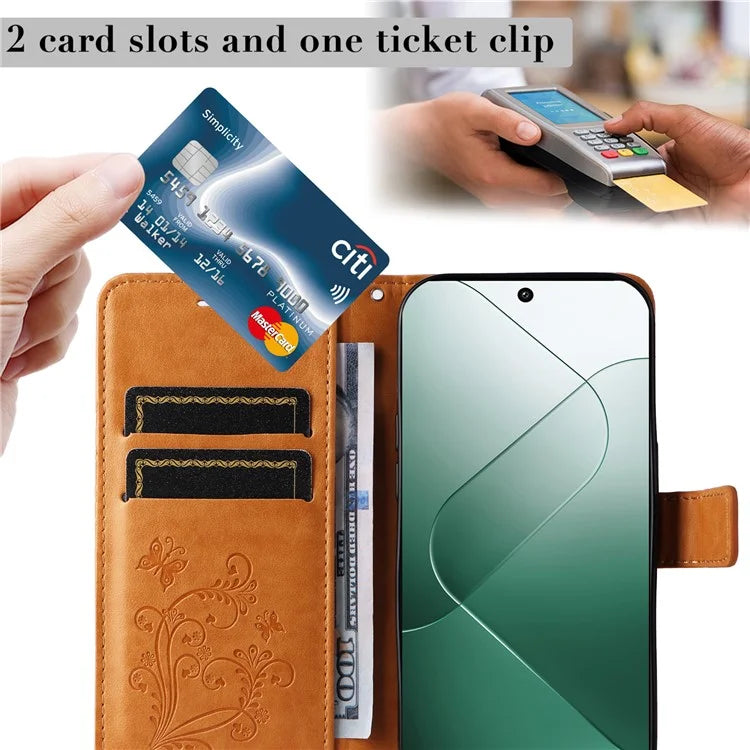 KT Imprinting Flower Series-2 For Xiaomi 14 Case Butterfly Imprint Stand Wallet Phone Cover
